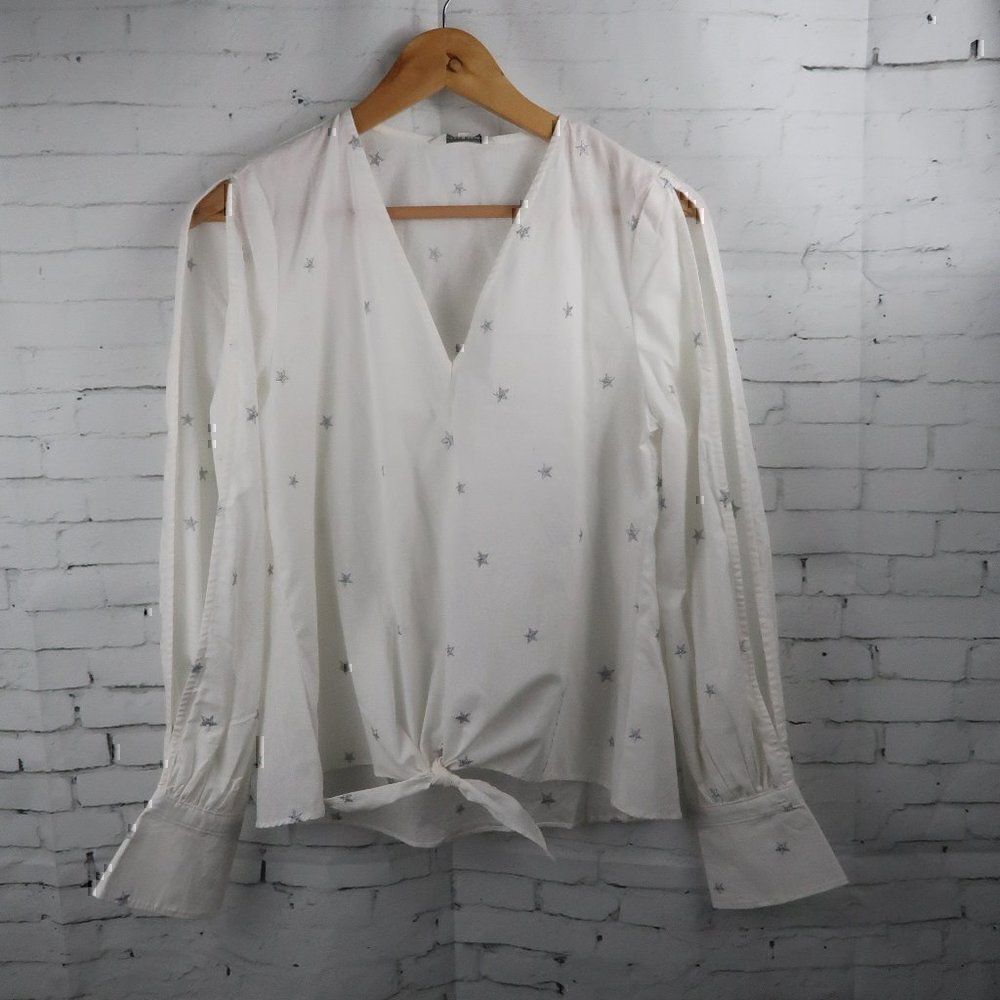 LUCKY BRAND WHITE LONG OPEN SLEEVE SILVER STARS V NECK FRONT TIE TOP SIZE SMALL